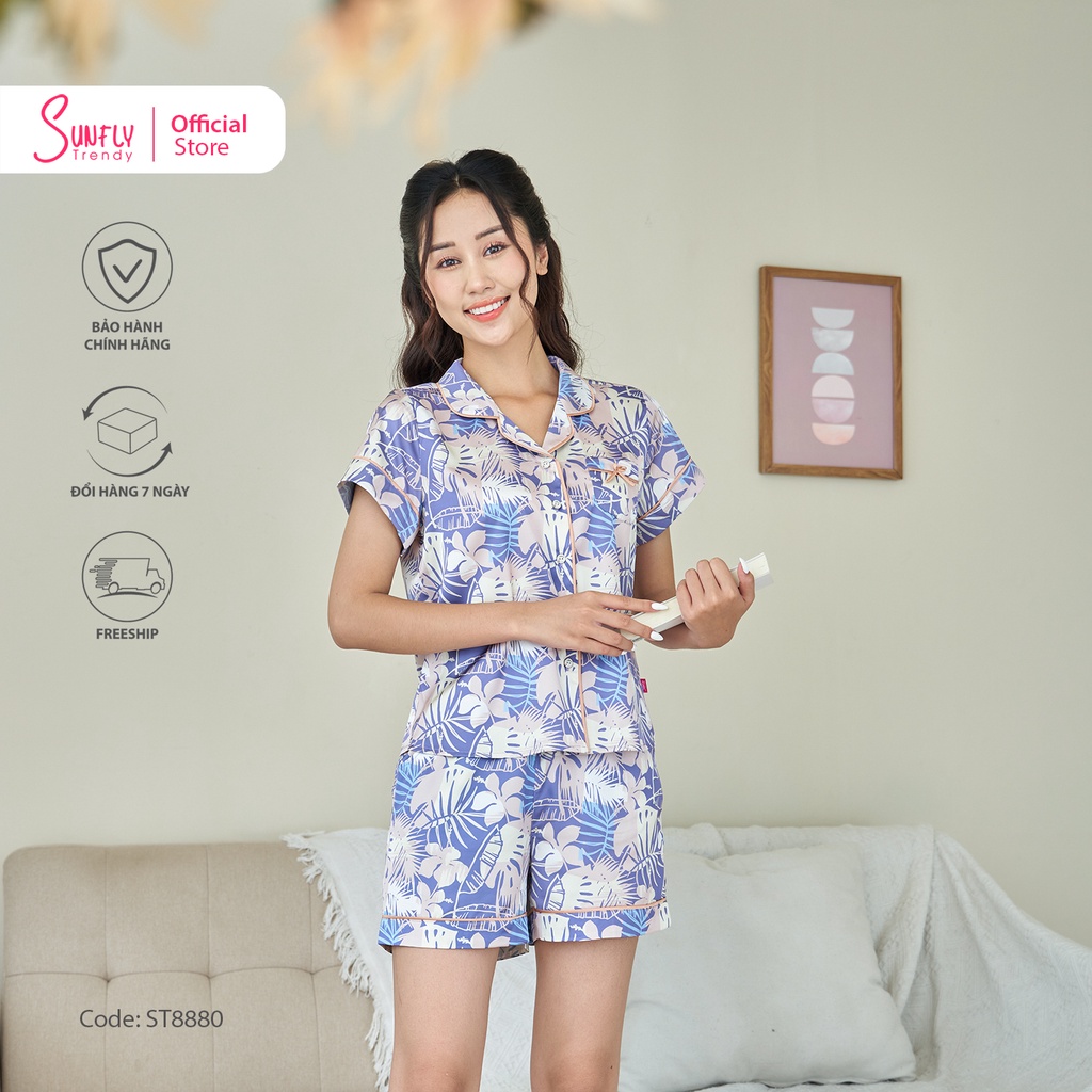 Bộ Đồ Mặc Nhà Nữ Pyjamas Lụa SUNFLY Áo Cộc Quần Sooc ST8880