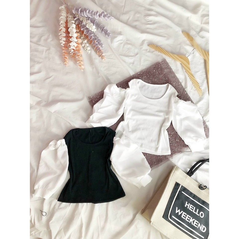 Áo thun nữ phối tay kate phồng rớt vai 2 màu trắng đen croptop NA