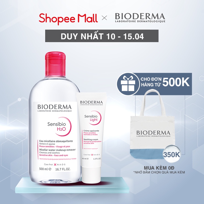 Bộ đôi dung dịch làm sạch và tẩy trang cho da nhạy cảm Bioderma Sensibio H2O 500ml và kem dưỡng Sensibio Light 40ml