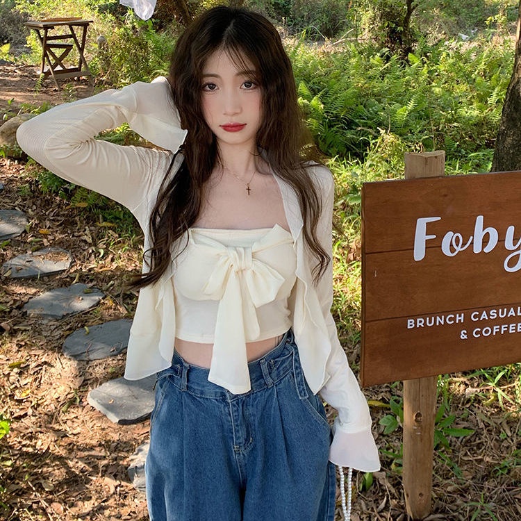 Jiashucheng Áo Hai Dây Thắt Nơ + Áo Khoác Cardigan Chống Nắng Ngọt Ngào Dễ Phối Đồ Phong Cách Nhật Bản