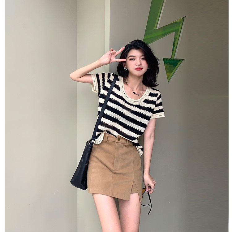 Áo len Dệt Kim tay cộc Dáng Rộng Kẻ Sọc
