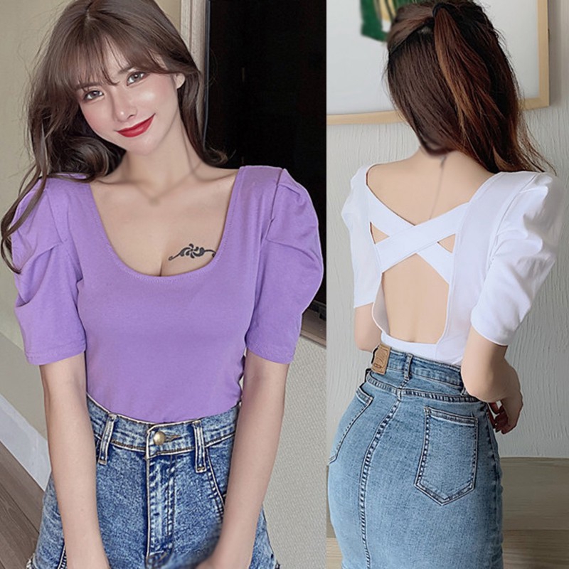 Áo Thun Tay Ngắn Cổ Tròn Khoét Lưng Quyến Rũ Cho Nữ