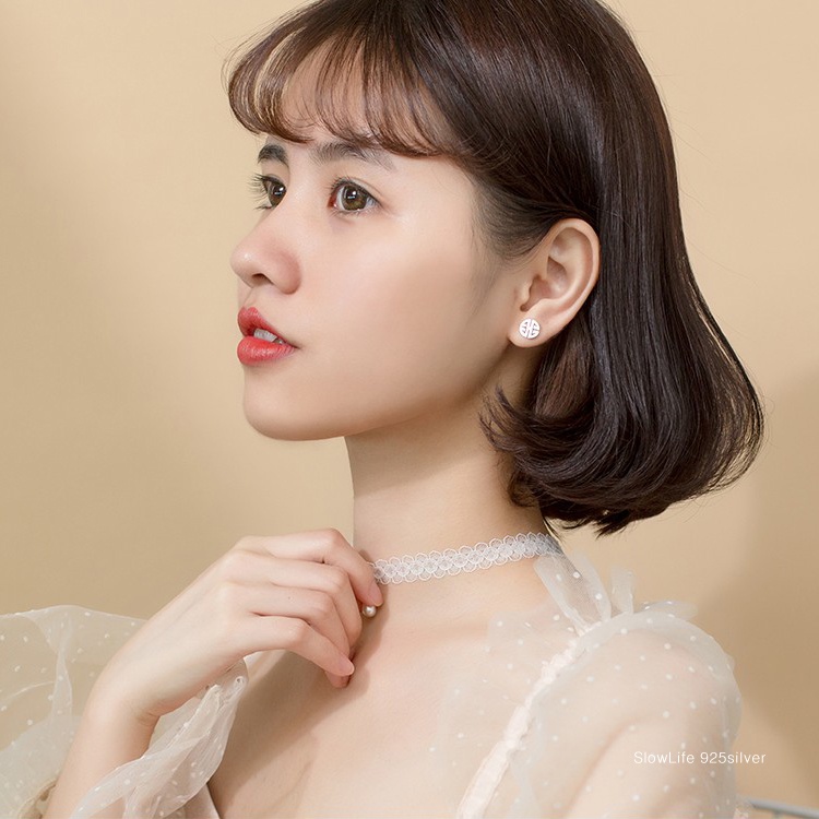 Bông tai nữ titan chữ thọ E5-404 - CAM KẾT KHÔNG GỈ, KHÔNG BAY MÀU - BẢO HÀNH 12 THÁNG