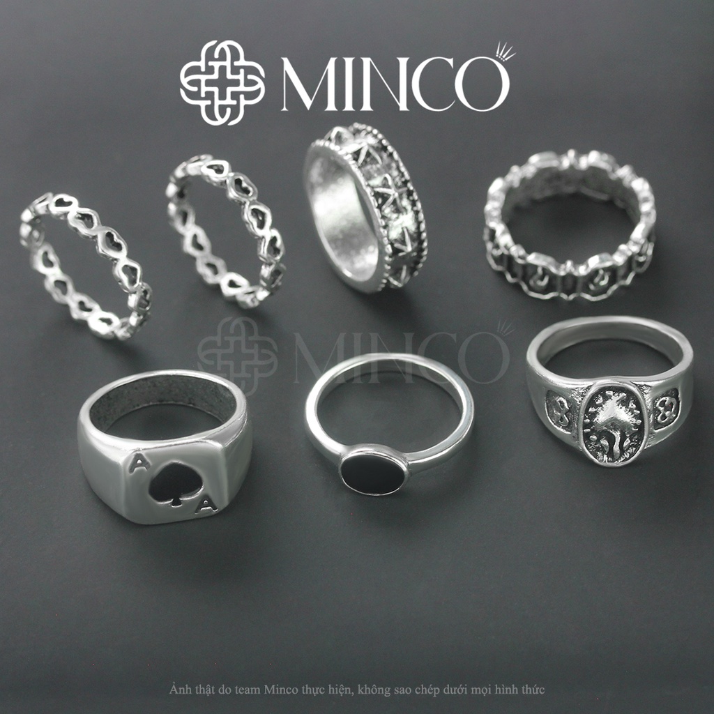 Set 7 Nhẫn nam màu bạc Minco Accessories phong cách Hip hop cá tính Ngầu Đẹp Chất Liệu Titan Không Gỉ NT02