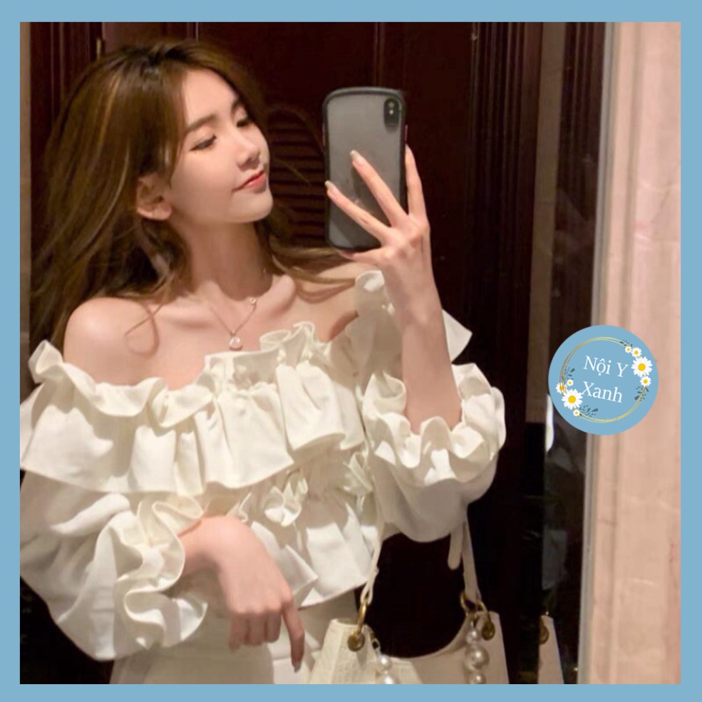 Áo trễ vai bánh bèo tiểu thư, áo trắng trần trễ vai điệu đà nội y xanh giá rẻ, chất đẹp