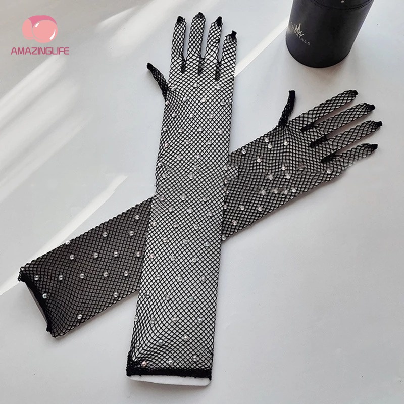 Găng Tay Lưới Rỗng Co Giãn Toàn Diện Đính Đá Lấp Lánh Cho Nữ
