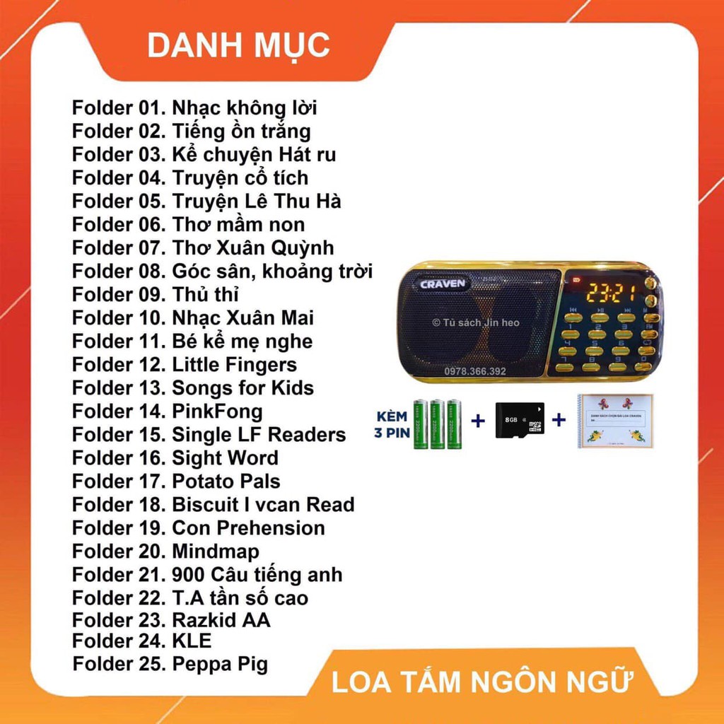 Combo Loa Craven CR853 Giúp Trẻ Phát Triển Ngôn Ngữ, Loa Craven 3Pin cho bé nghe Thơ, Truyện, Tiếng Anh