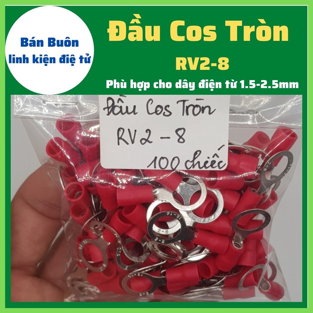 100 Đầu cos tròn RV2-8, đầu cos chữ o, RV2-8, đầu cos dây điện, đầu cos tròn