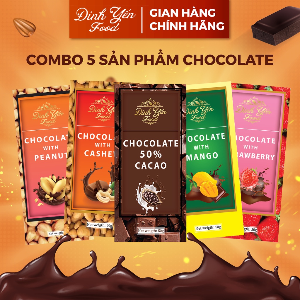 Socola Mix các vị đậu phộng,hạt điều,50% cacao,xoài sấy,dâu tây sấy 50g đồ ăn vặt siêu ngon giá rẻ