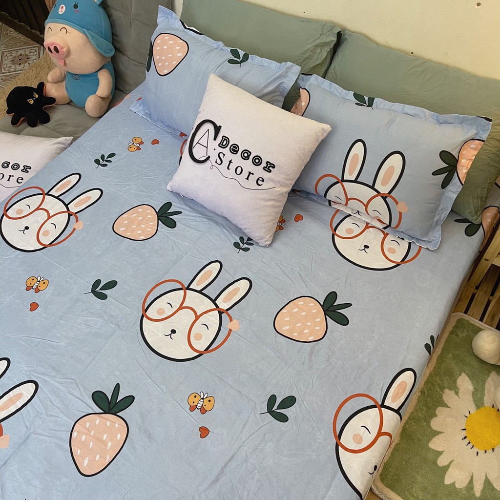 Bộ Ga Giường Kèm 2 Vỏ Gối Cotton Poly C.A Decor, Hình Thỏ Xanh Chất Liệu Thoáng Mát , Kích Cỡ Đa Dạng