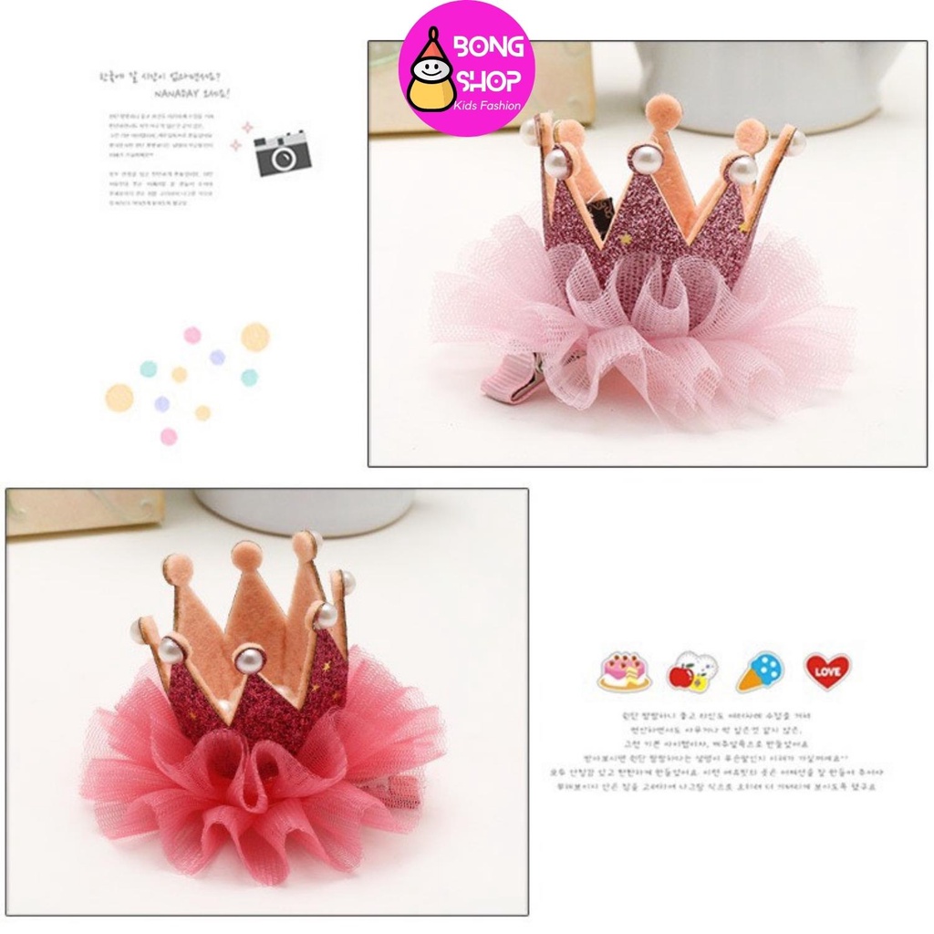 Kẹp tóc bé gái hình vương miện công chúa phủ kim tuyến viền ren, turban, cặp tóc cho bé
