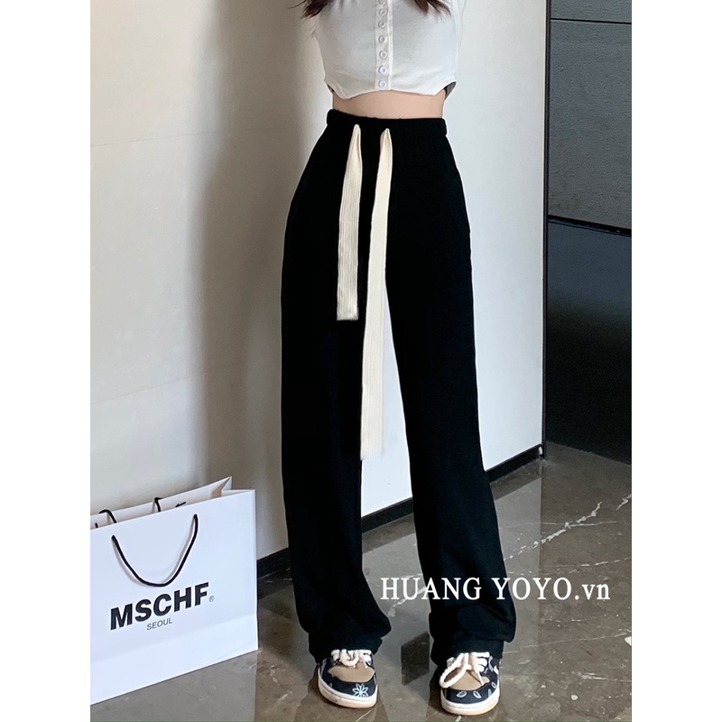 HUANG YOYO Quần Thể Thao Dây Rút Ống Rộng Kẻ Sọc Thời Trang Phong Cách Hàn Quốc Cho Nữ