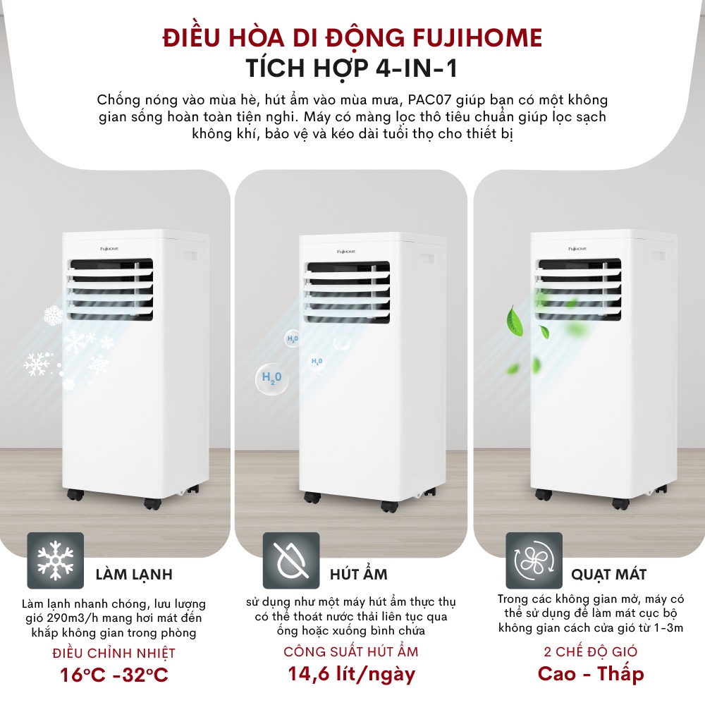 Điều hòa di động nhập khẩu Fujihome PAC07 công suất 7000BTU điều khiển từ xa - Máy nén liên doanh TOSHIBA