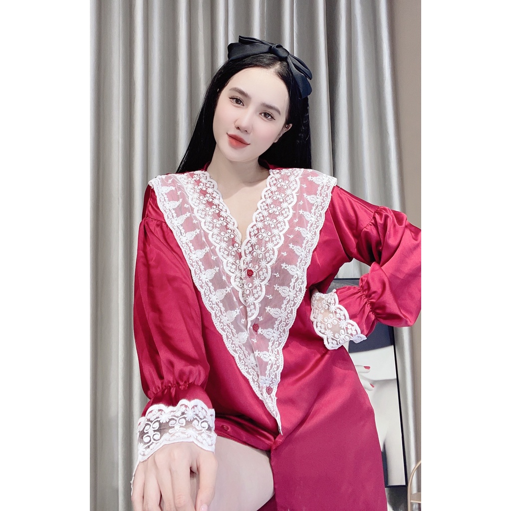 Đầm ngủ sơ mi bigsize váy ngủ lụa phối ren quyến rũ
