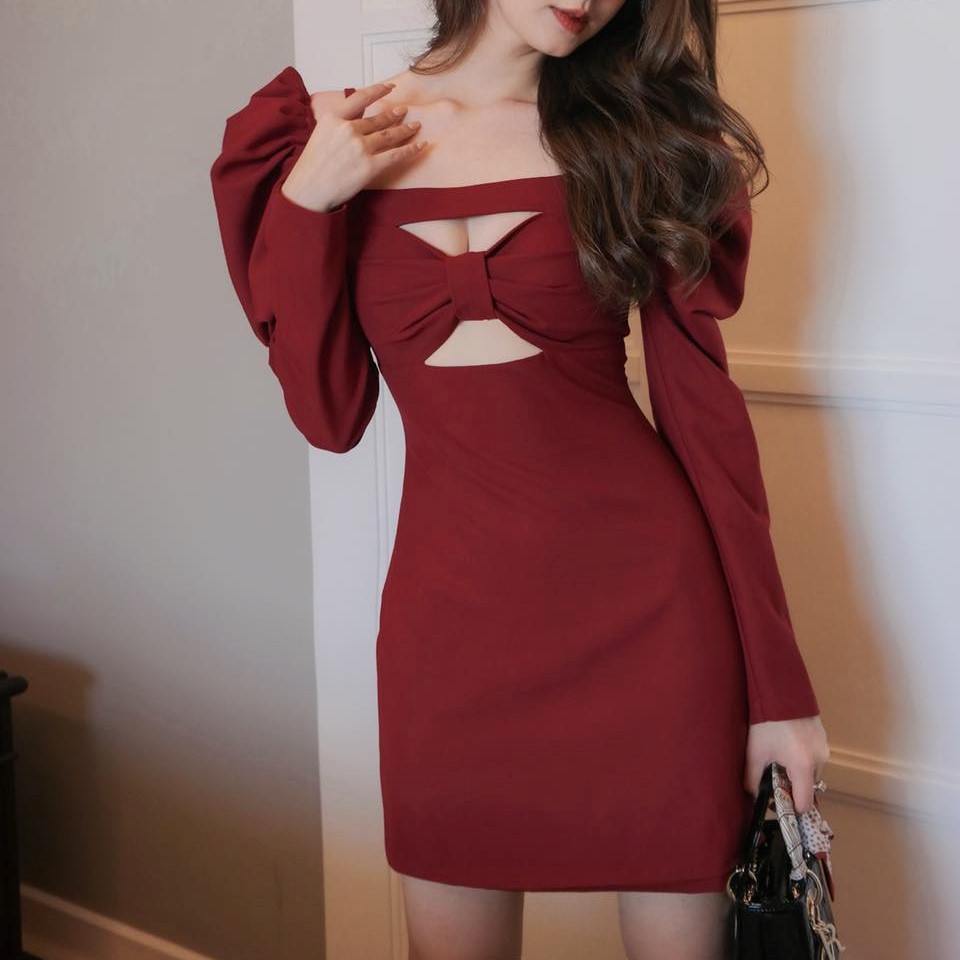 Đầm ôm body hai dây đính nơ ngực thiết kế đi tiệc sang trọng