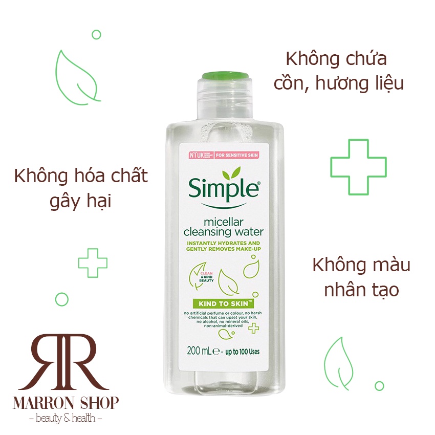 Nước tẩy trang Simple, nước tẩy trang không cồn Micellar Cleansing Water 200ml