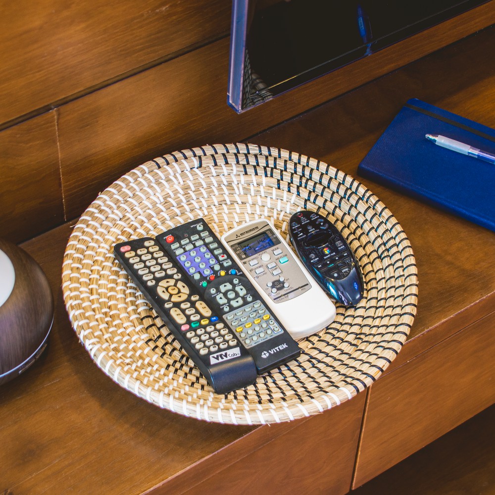 Đĩa cói trang trí hình tròn, bày hoa quả trái cây, bánh kẹo, đồ ăn nhẹ, trang trí nhà cửa phong cách Bắc Âu họa tiết 50