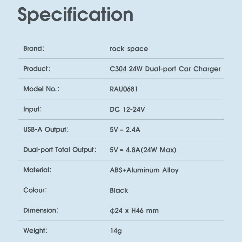 Tẩu sạc mini trên xe hơi Rockspace C304, 2 cổng sạc nhanh 24W, nhỏ gọn, an toàn, không nóng máy bảo hành 12 tháng