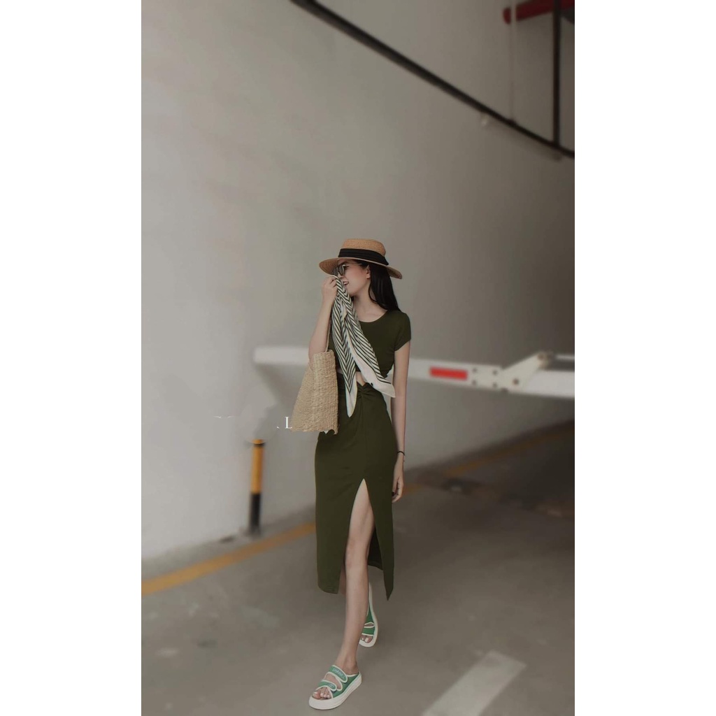 Đầm ôm body cổ tròn tay ngắn khoét nhún eo xẻ tà bên quyến rũ, váy ôm body xẻ tà bên chất thun gân ôm dáng MIDORI247
