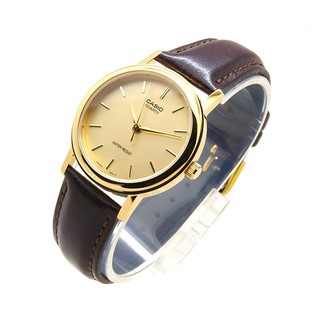 (Authentic) Đồng hồ Nam Casio mặt khoáng màu vàng, dây da thật màu nâu dòng MTP xách tay Nhật Bản