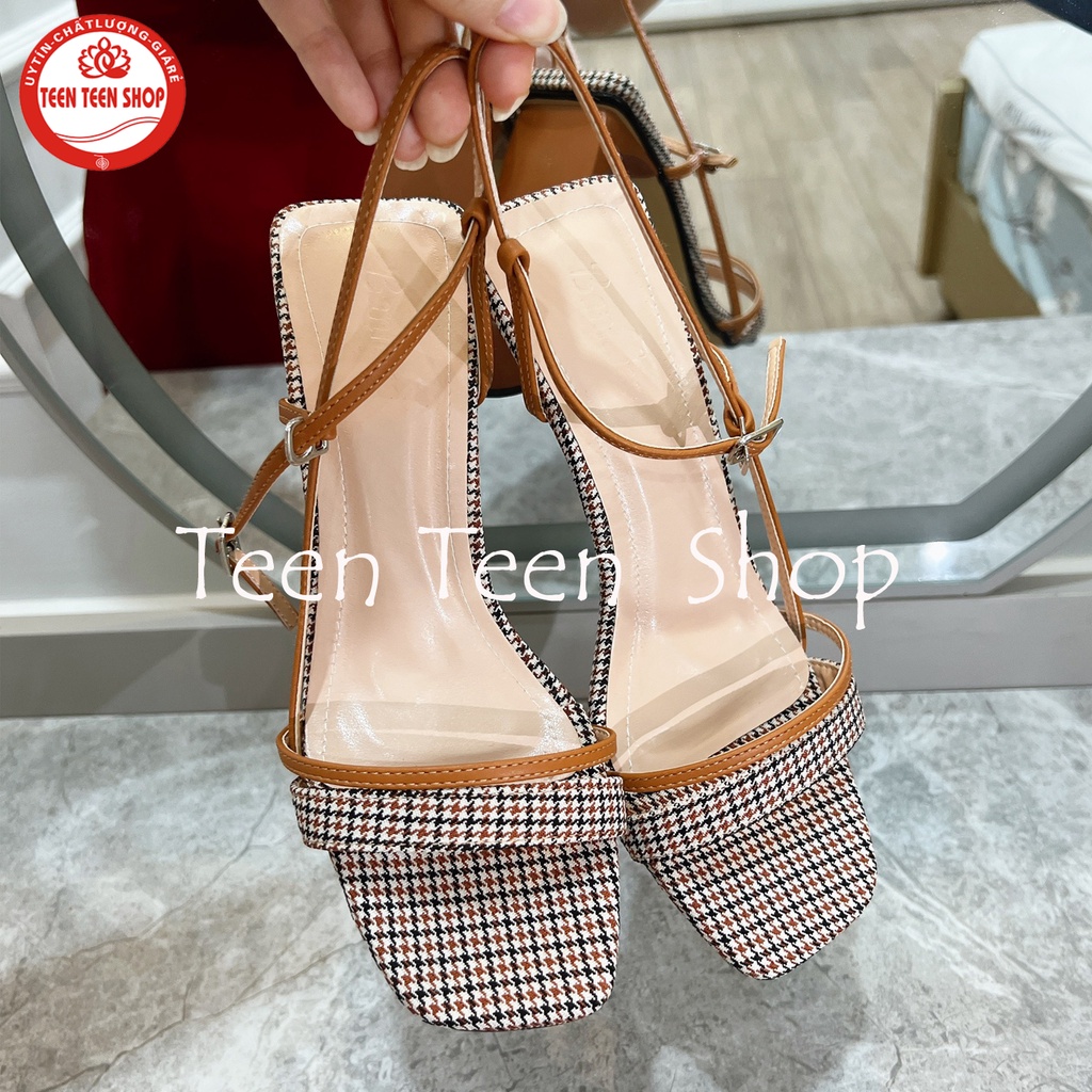 Giày sandal nữ quai chéo đế trụ 5 phân, Guốc phối kẻ caro, Teen Teen Shop mã SandalLV
