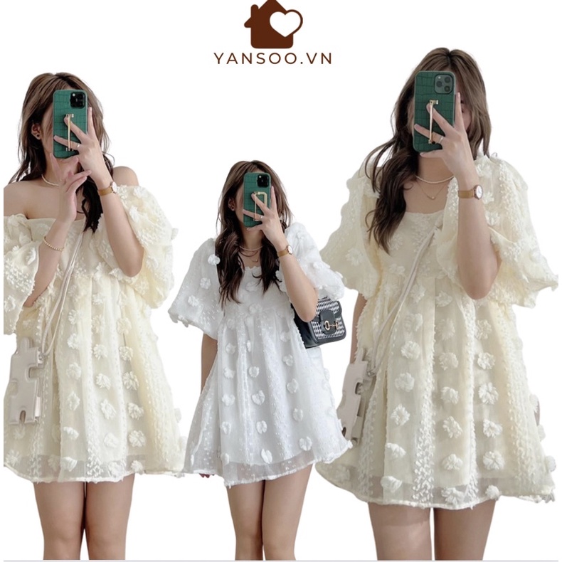 Váy babydoll trễ vai cổ vuông hoa nổi bánh bèo , váy tiểu thư tay bồng dáng xoè công chúa by YANSOO