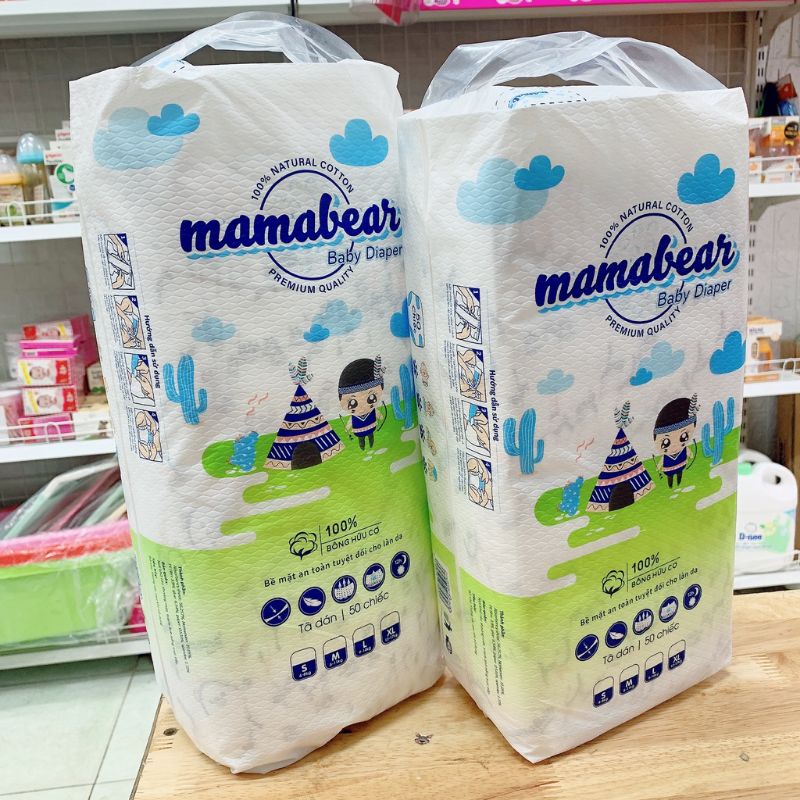 Tã dán bỉm Mamabear bông hữu cơ chống tràn an toàn cho trẻ sơ sinh S/M/50 miếng