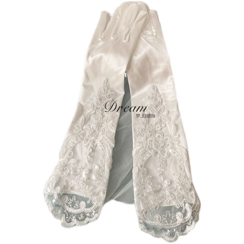 Găng Tay Satin Dài Phối Ren Trắng Che Phủ Ngón Tay Phụ Kiện Chụp Ảnh Cưới Cho Cô Dâu