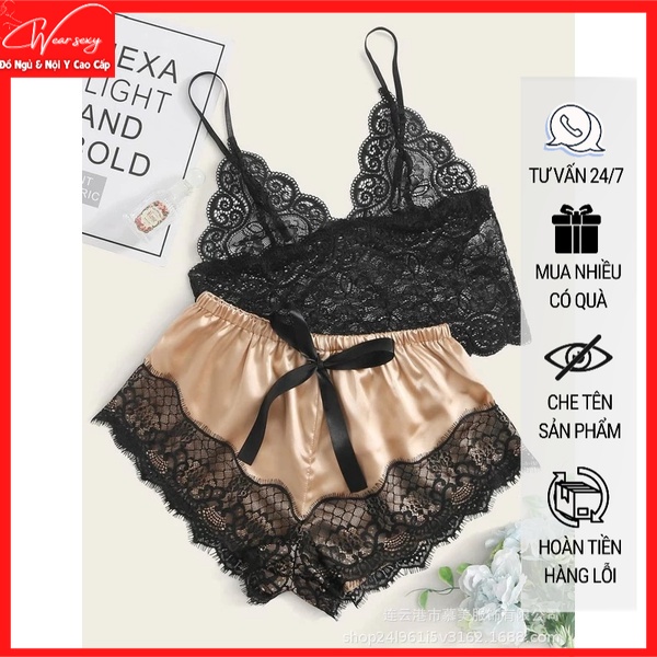 Bộ Đồ Ngủ Quần Lụa Áo Ren Gợi Cảm Quyến Rũ  [CWEAR.SEXY_ĐỒ NGỦ & NỘI Y CAO CẤP]