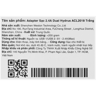Adapter Sạc 2.4A Dual Hydrus ACL2018