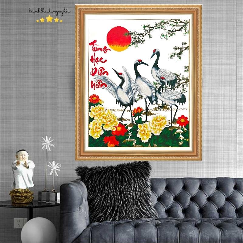 Tranh thêu chữ thập tùng hạc diên niên 60cm x 73cm