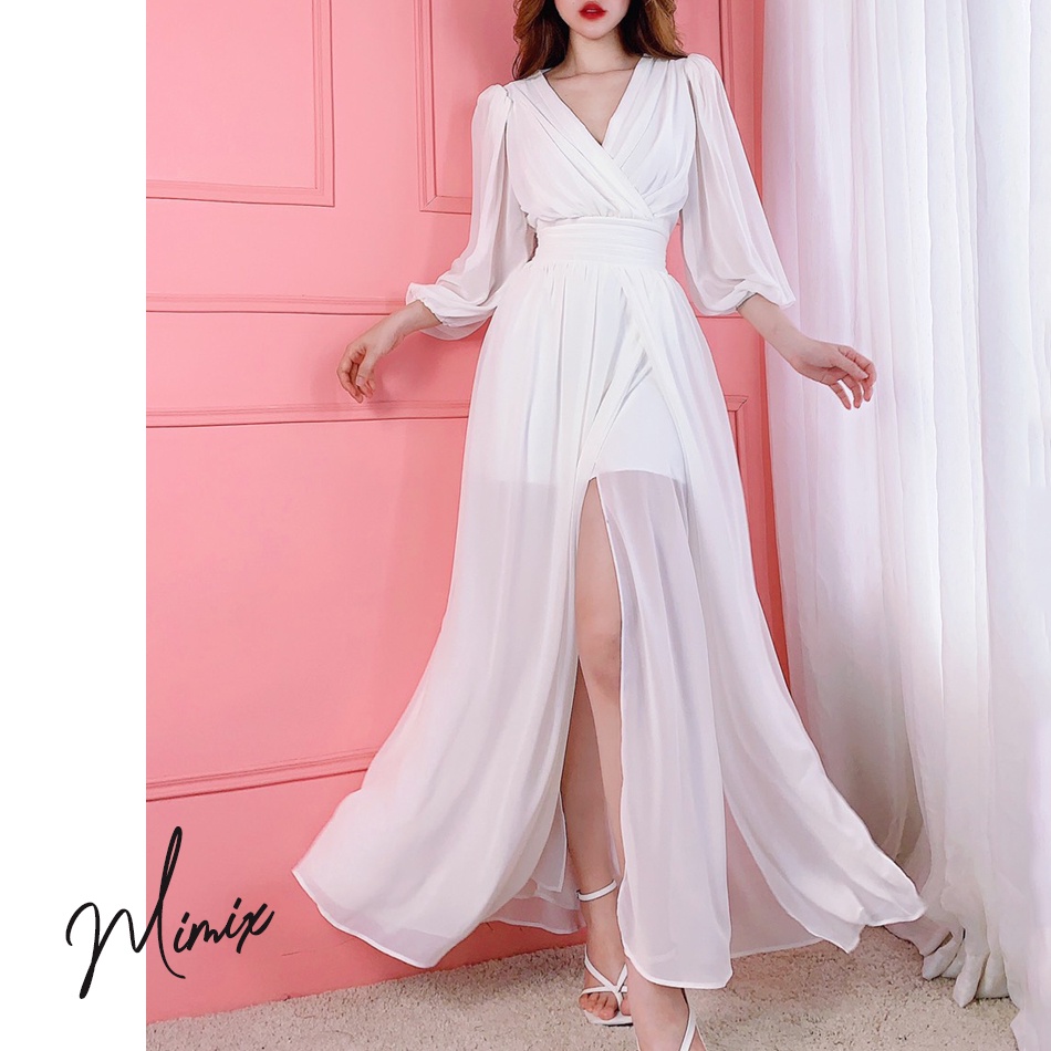 Đầm maxi xòe 3 lớp xẻ tà bo eo MIMIX BA2230
