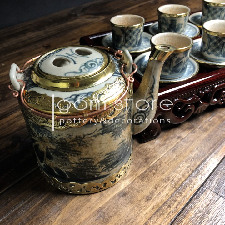 Ấm trà Bát Tràng dáng tích men rạn giả cổ bọc đồng(Bộ ấm trà trên không kèm khay)