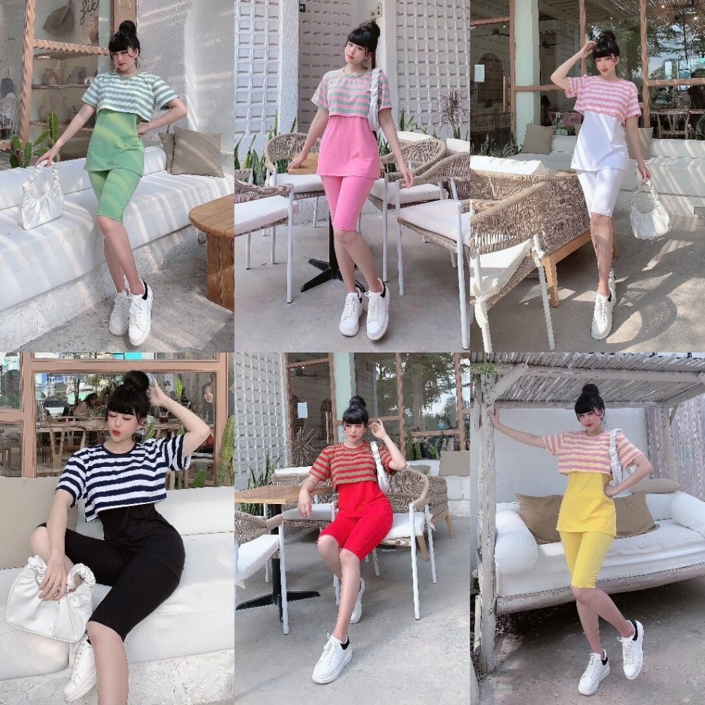 Đồ Bộ Nữ TS03331 Đồ Bộ Mặc Nhà Chất Cotton 100% Co Dãn Đanh Mịn Quần Ngố Lửng Phối Áo Croptop Sọc Ngang Size 40KG - 80KG | BigBuy360 - bigbuy360.vn