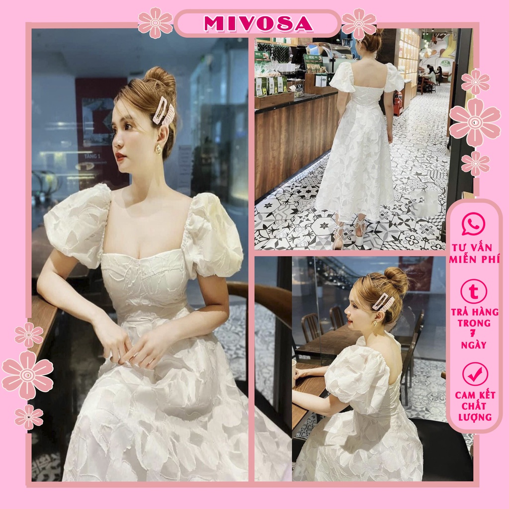 Váy ren hoa trắng tay bồng hở lưng kèm mút ngực dáng dài MIVOSA VN167