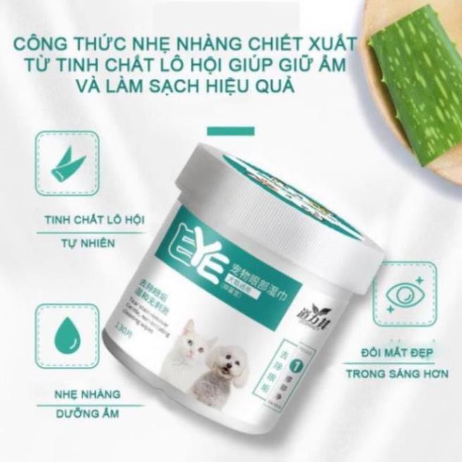 (Hộp 130 chiếc) Khăn lau mắt chó mèo (Khăn ướt Dùng lau mắt và tai cho thú cưng) Tinh chất lô hội
