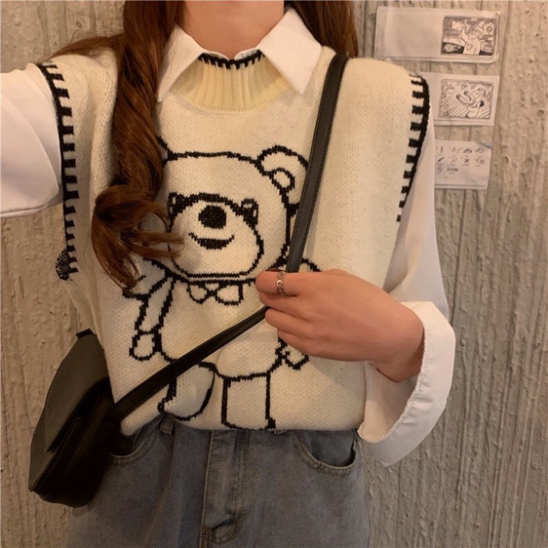 Gile Len Nữ Quảng Châu, Áo Gile Len Form Rộng Unisex Họa Tiết Hình Gấu Cổ Tròn Taobao | BigBuy360 - bigbuy360.vn