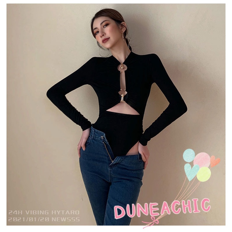 DUNEA Áo liền quần dài tay eo cao phối nút kim loại dành cho nữ