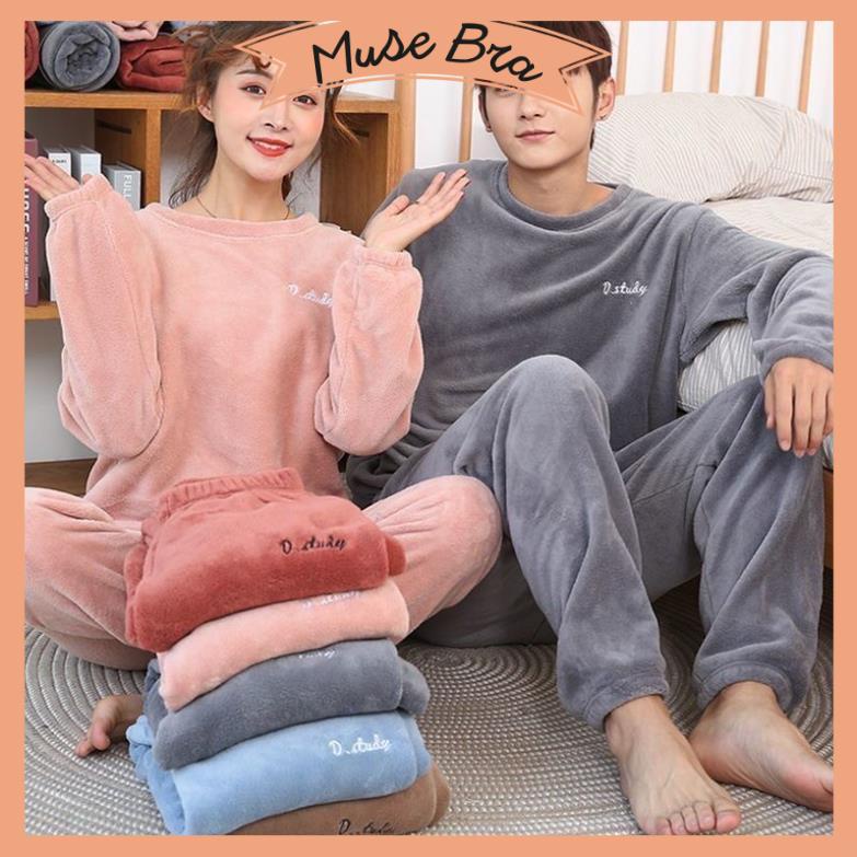 Bộ Nỉ Bông Mặc Nhà Mùa Đông Cho Nữ Siêu Ấm, Quần Bo Gấu Vải Mềm Nhẹ Thêu Chữ D'studio