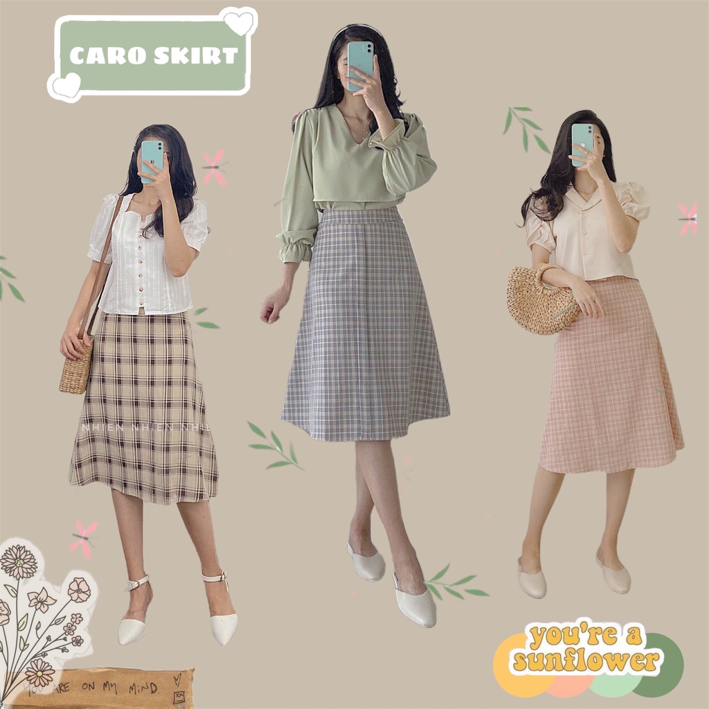 Chân váy caro Nhiên vintage dáng dài xòe nhẹ AV77 - HÀNG MỚI VỀ