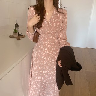 (HÀNG SẴN) Váy hoa bi cổ V dáng dài Hàn Quốc nhẹ nhàng vintage sang trọng điệu đà