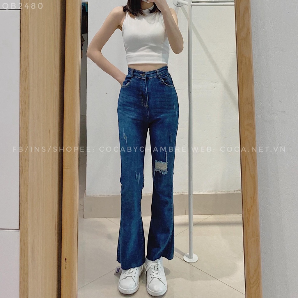 [QB2480] Quần jeans loe rách co giãn mã 2480 (Có sẵn/Ảnh thật)
