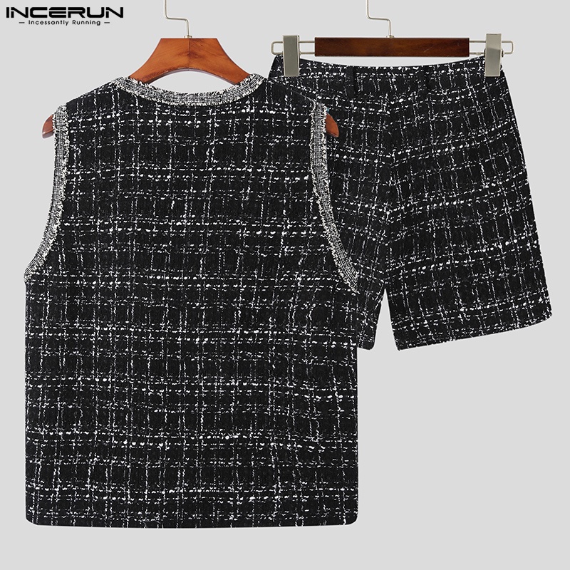 Set trang phục INCERUN áo ghi lê cổ chữ V + quần ngắn thời trang nam