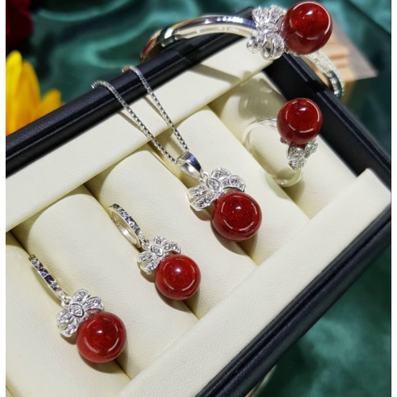 Bộ trang sức san hô đỏ 10 và 12ly bạc ý S950