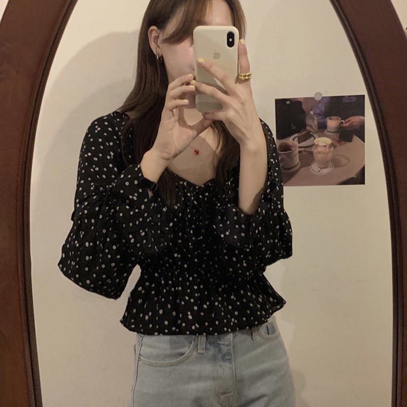 Áo Sơ Mi Chiffon Tay Dài Cổ Vuông In Họa Tiết Hoa Phong Cách Pháp Cổ Điển Thời Trang Cho Nữ
