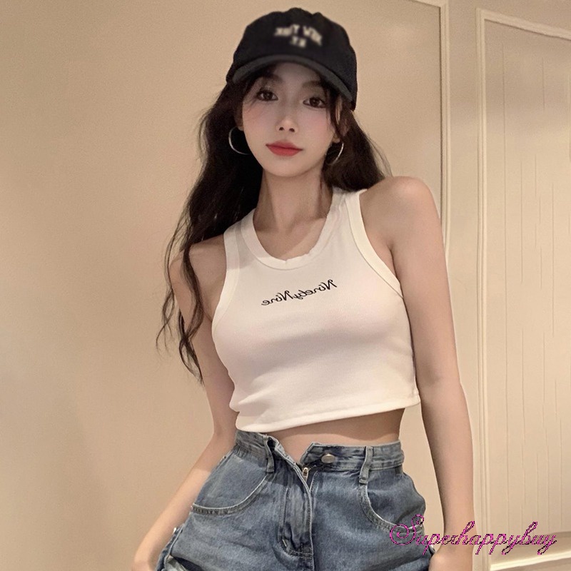 Áo Croptop Sát Nách Cổ Tròn Hoạ Tiết Chữ Thêu Cho Phái Nữ