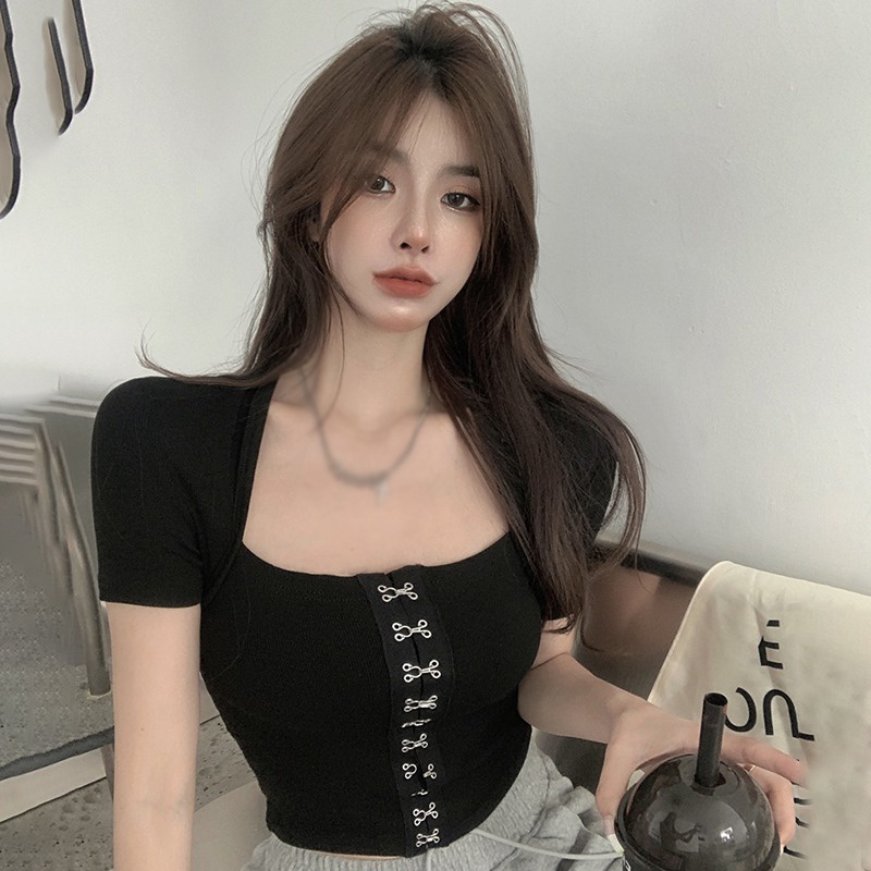 Áo Thun Crop Top Tay Ngắn Cổ Vuông Màu Trơn Phong Cách Hàn Quốc Thời Trang Cho Nữ
