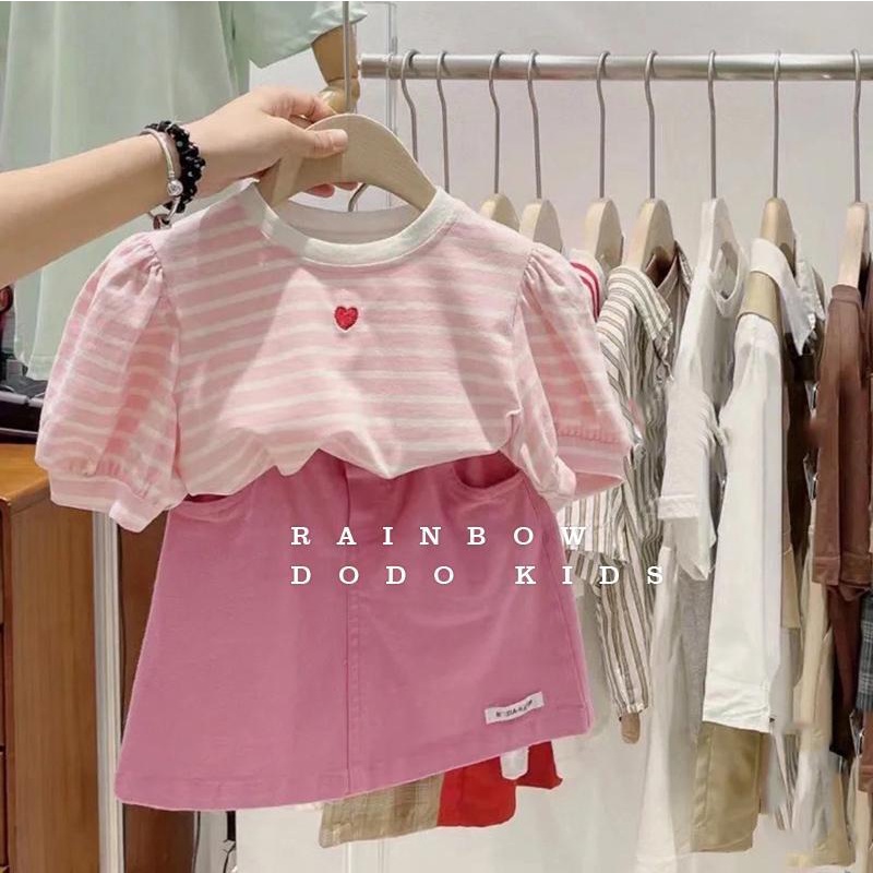 Set Đồ Mùa Hè 5 Món Gồm Áo Tay Cộc Kẻ Sọc + Quần Dài Phong Cách Phương Tây Cho Bé Gái