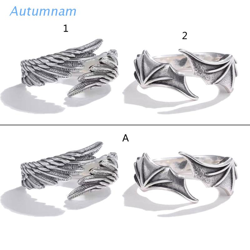 Set 2 nhẫn hở hình đôi cánh thiên thần/ác quỷ đôi phong cách retro cổ điển có thể điều chỉnh cho cặp đôi/nữ tuổi teen