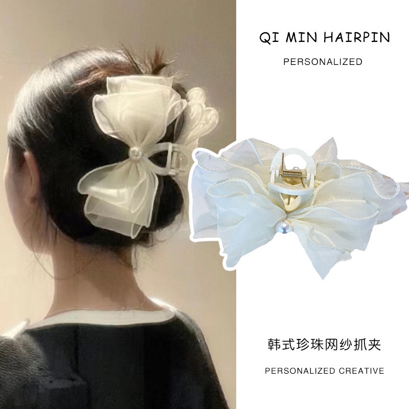 Kẹp Tóc Hình Nơ Đính Ngọc Trai Giả Phong Cách Hàn Quốc Xinh Xắn